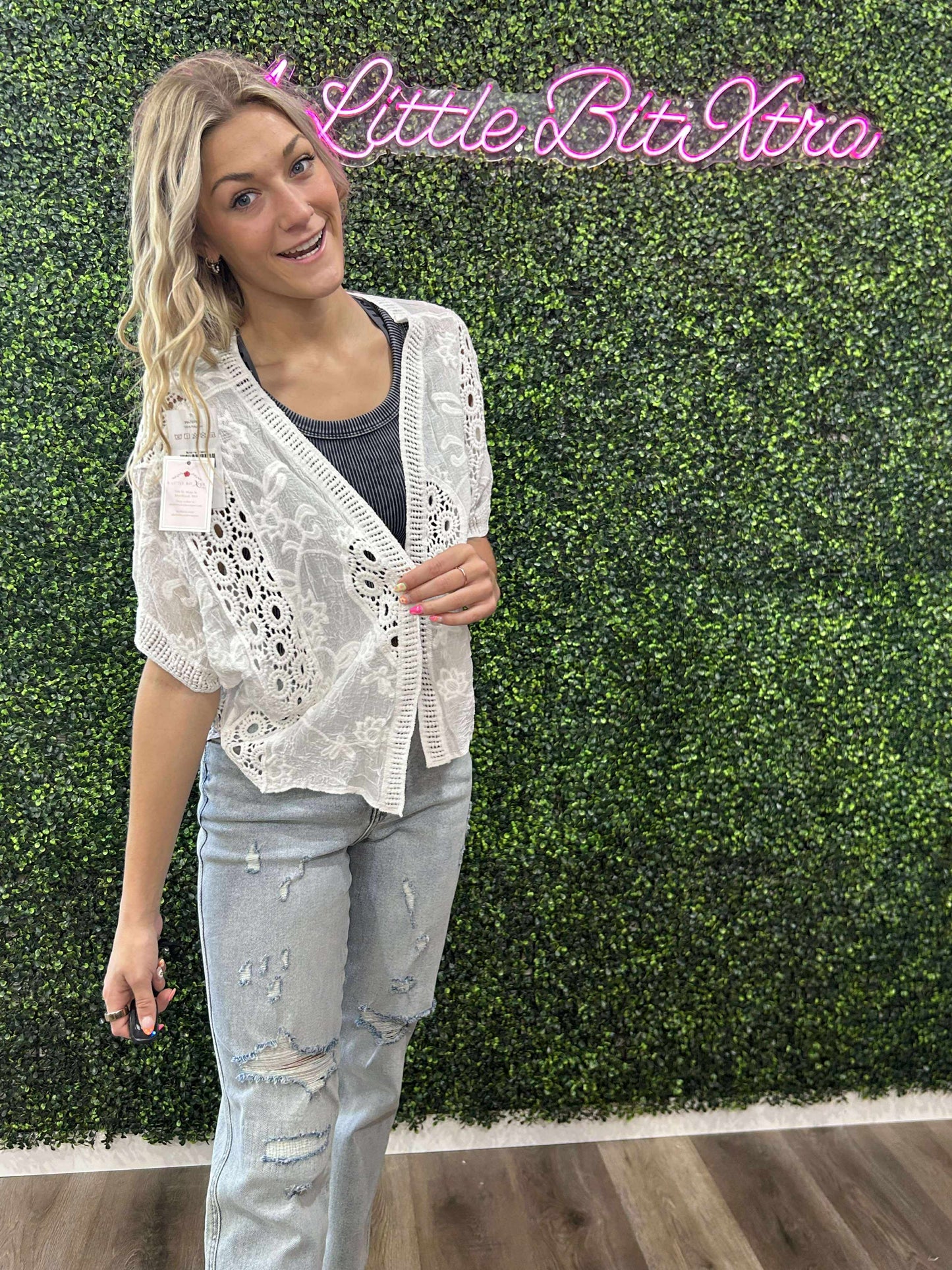 White Lace Open Front Cardigan with Batwing Sleeves