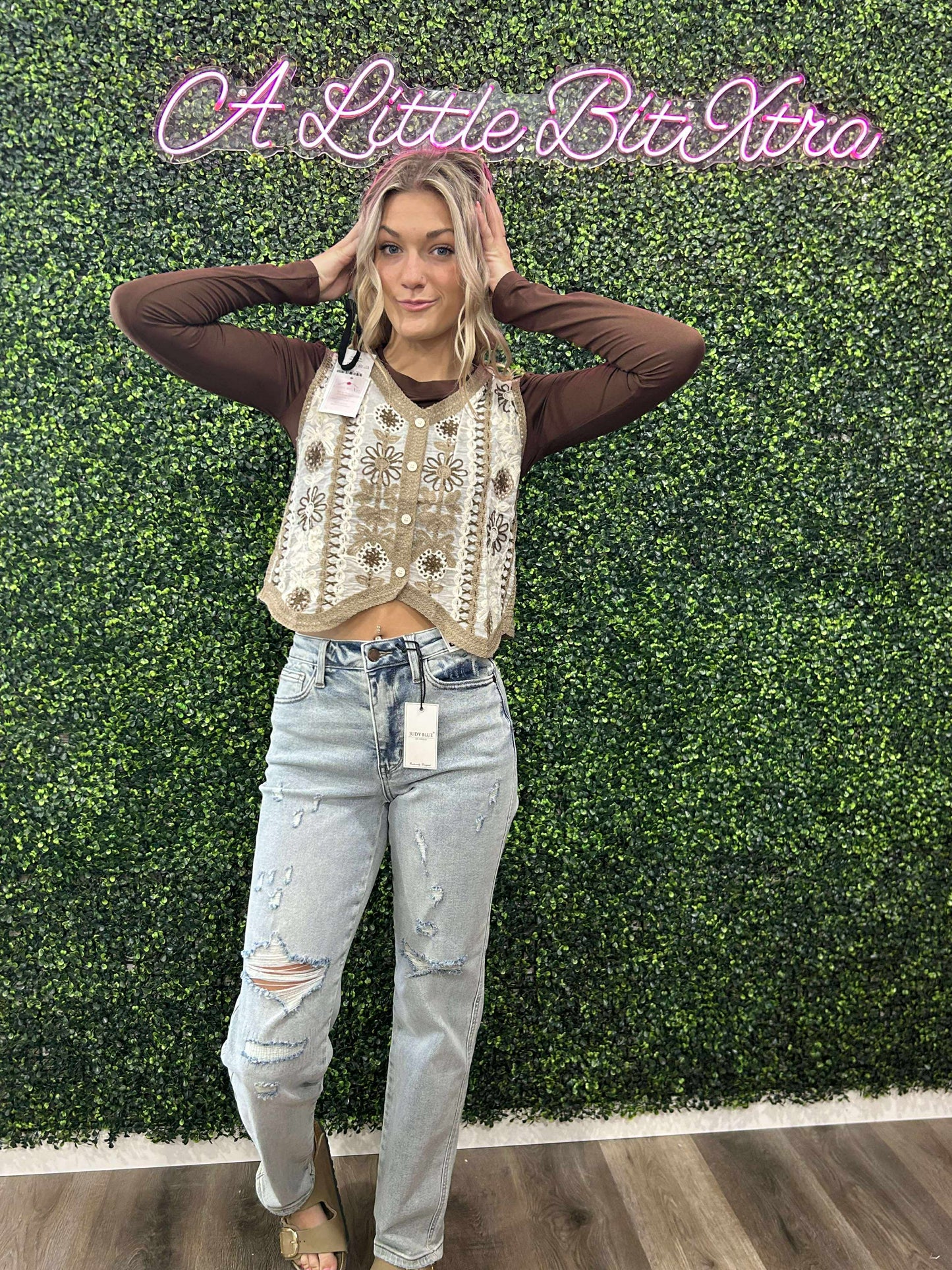 Khaki Vintage Hollow-Out Crochet Floral Vest
