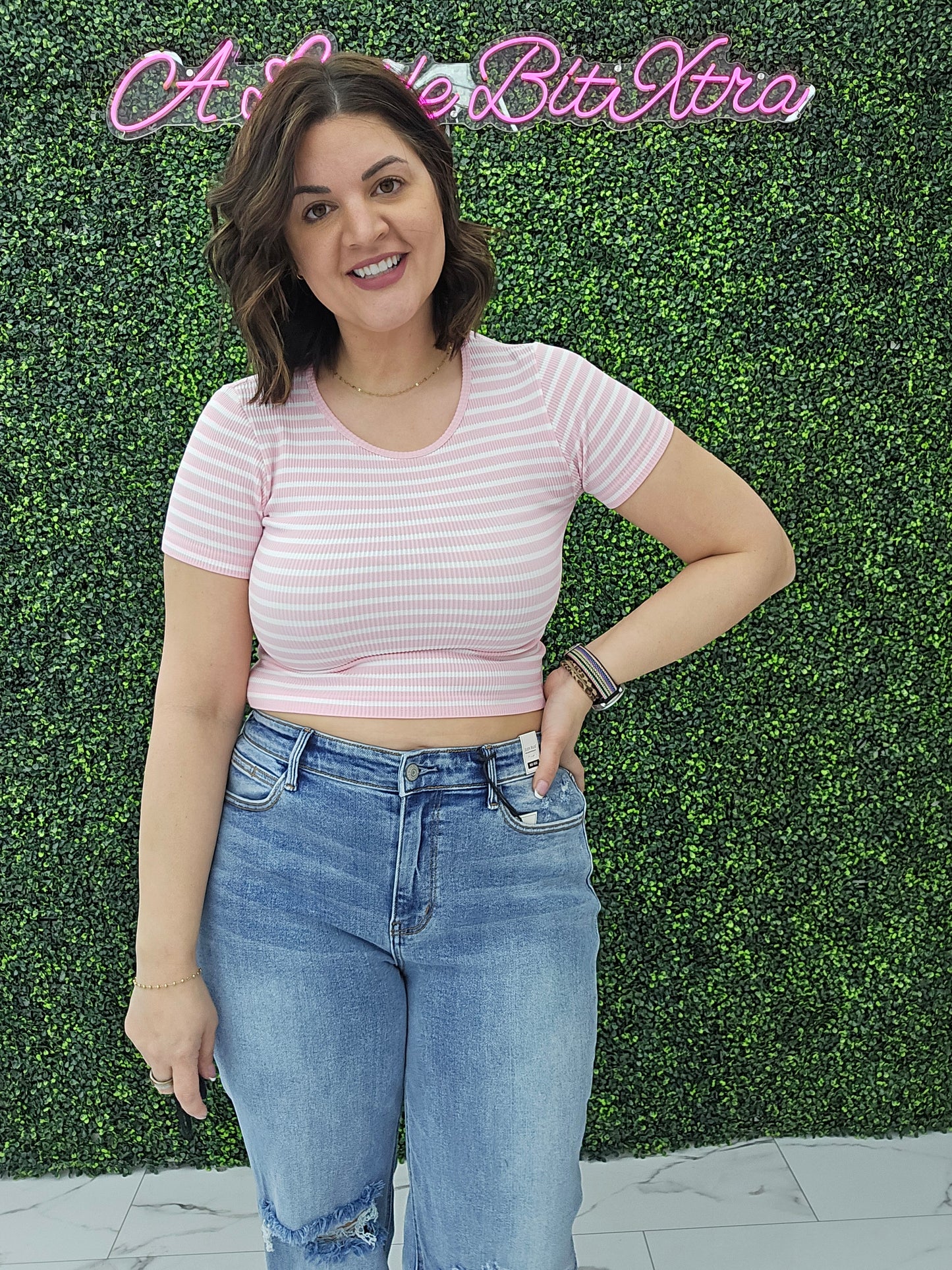 Crew Neck Stripe Seamless Rib Tee Blush
