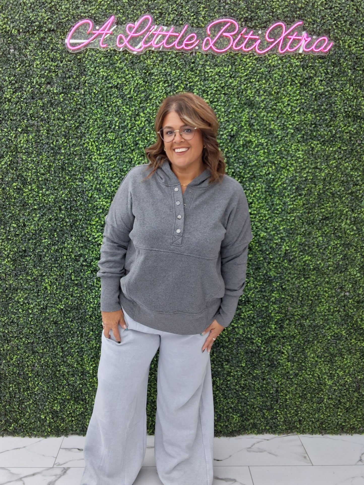 Fleece Half Snap Button Hoodie- Grey