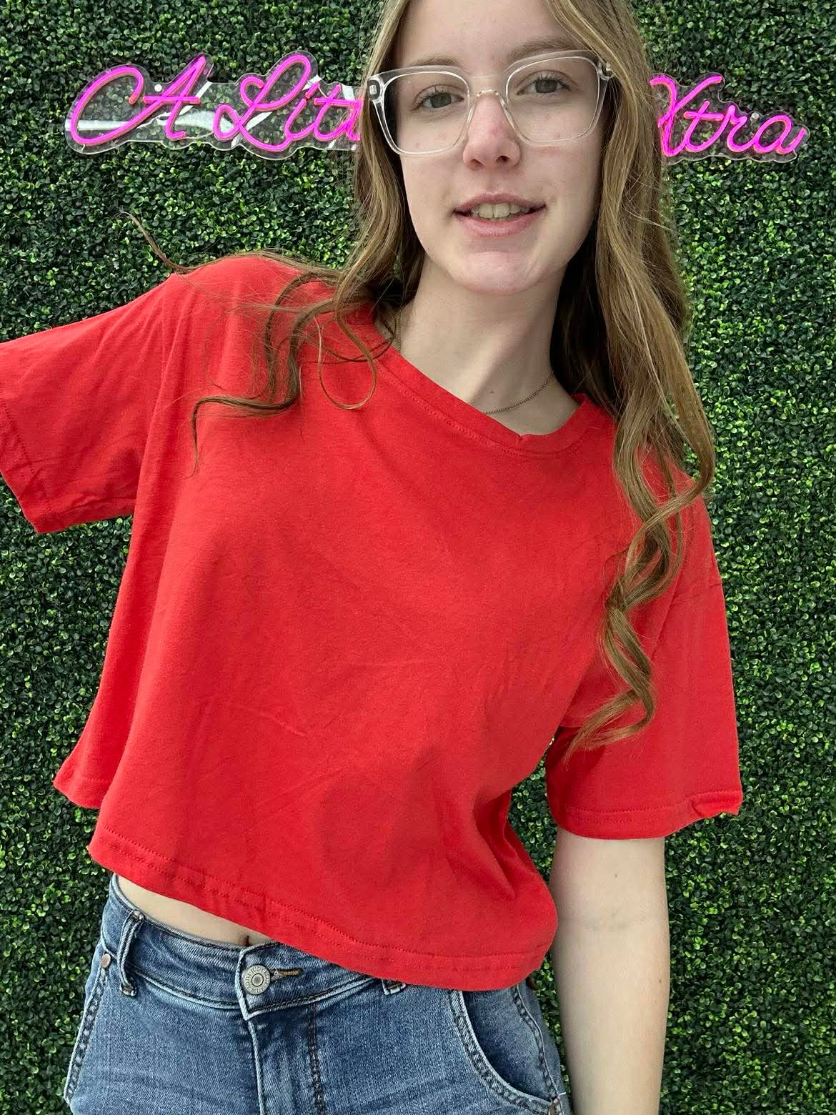Crew Neck Oversized Crop Tee Red