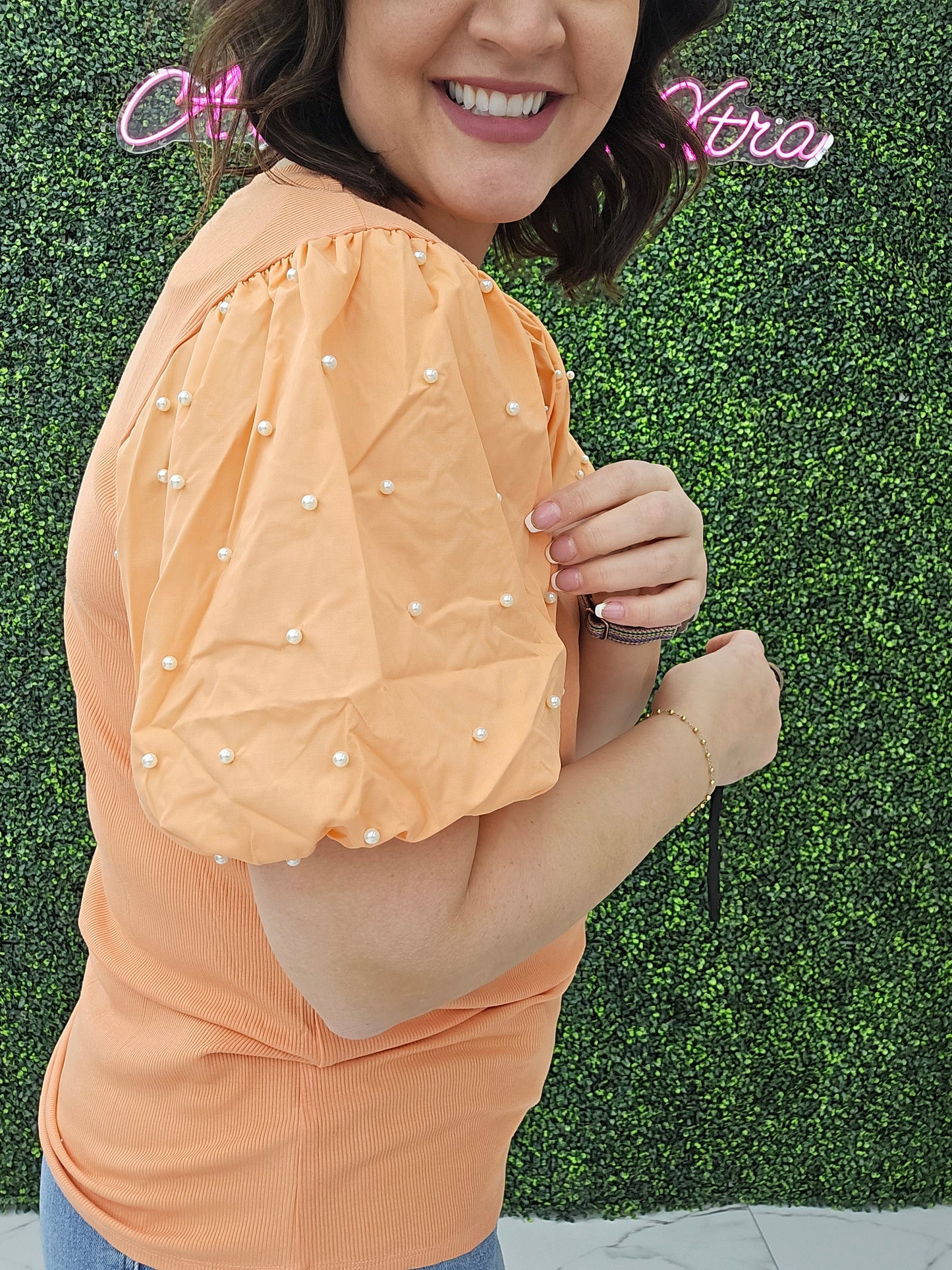 Pearl Beaded Puff Sleeve Top