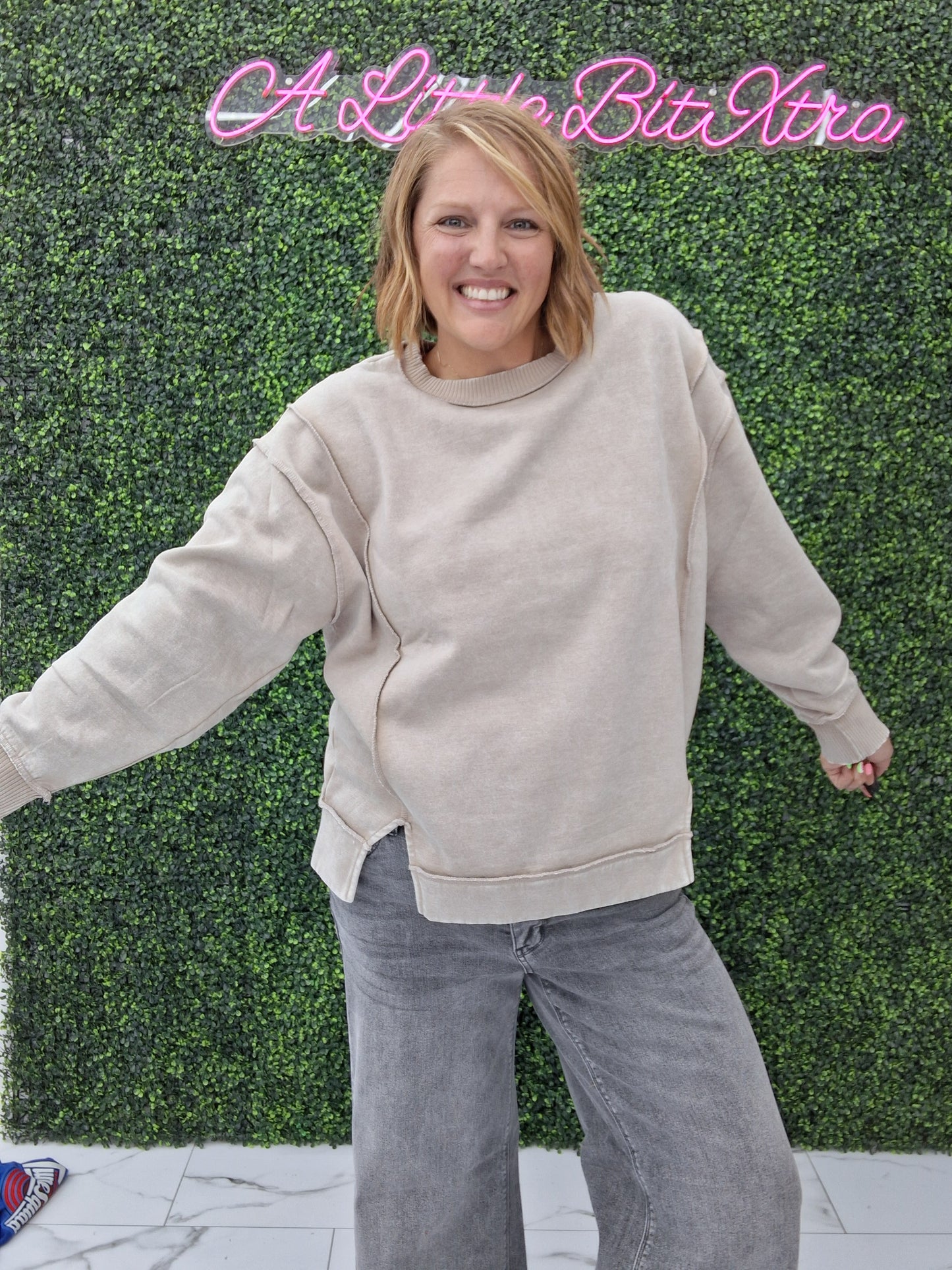 Acid Wash Exposed Seam Sweatshirt- Ash Mocha