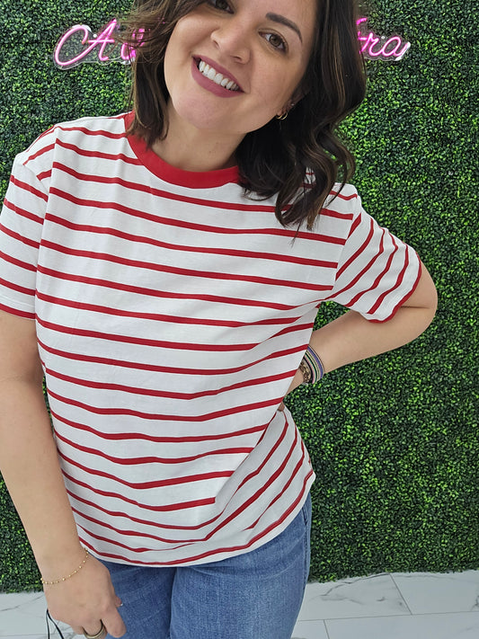 Short Sleeve Stripe Oversized Tee Red