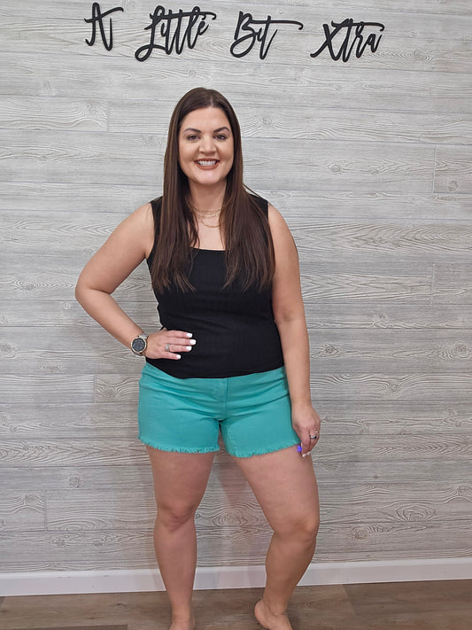 JB aquamarine mid-rise jean shorts