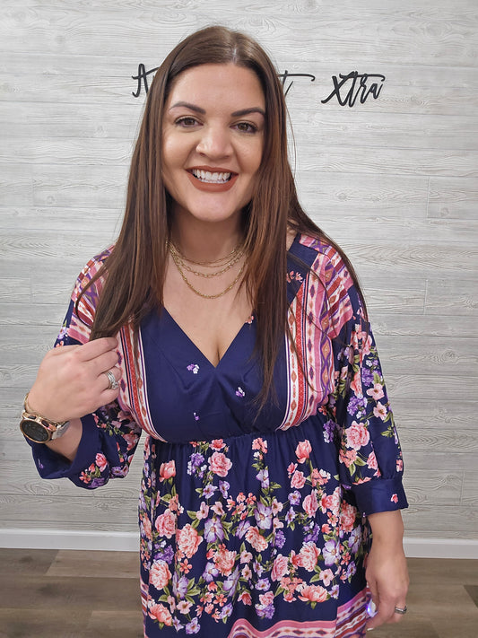 NAVY FLORAL PRINT KNIT DRESS