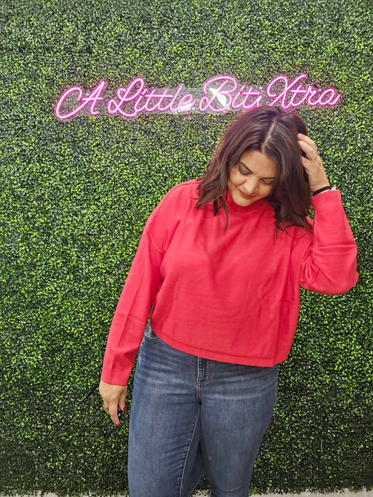 RED HIGH NECK DROP SHOULDER SWEATER