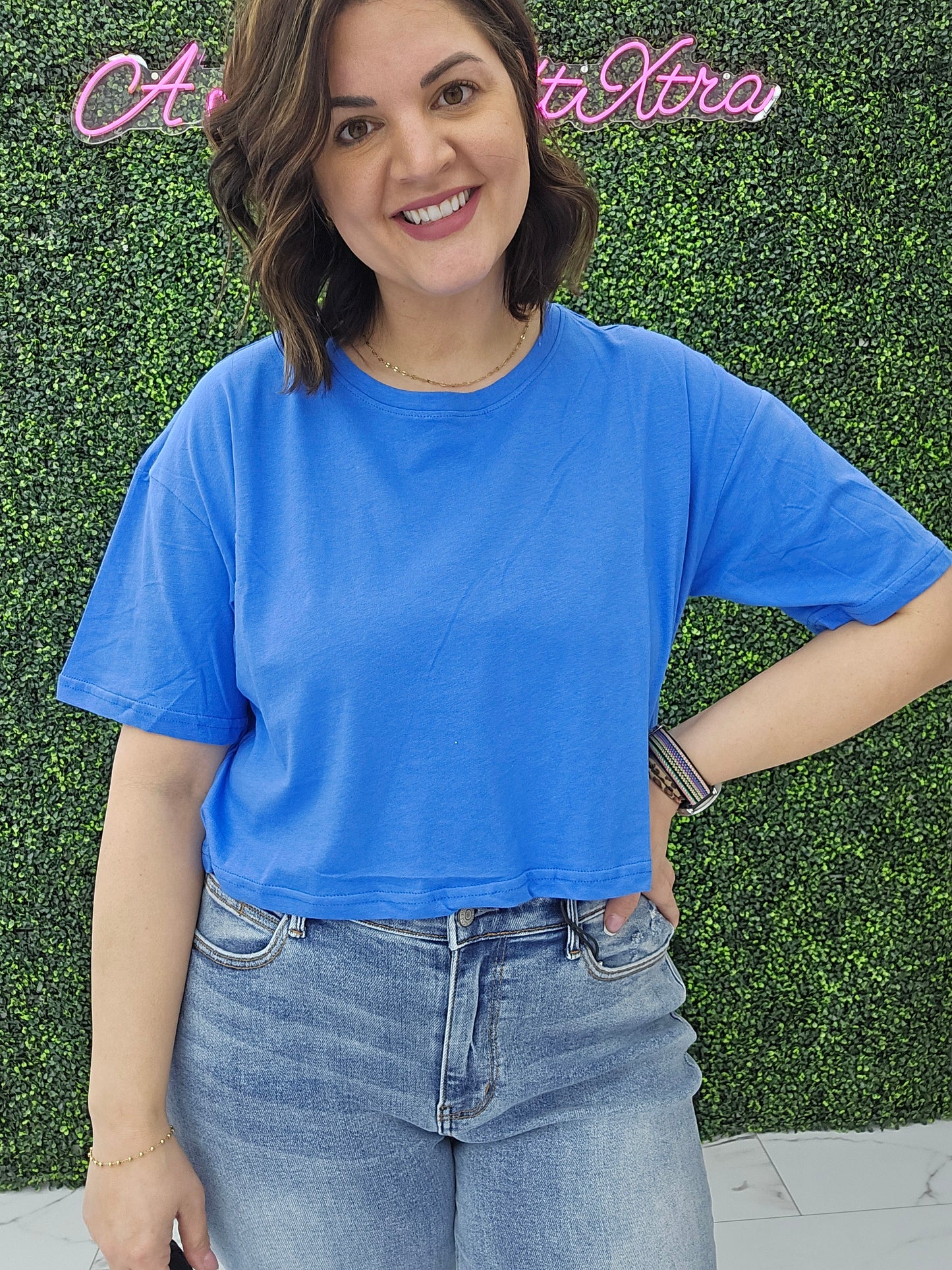 Crew Neck Oversized Crop Tee Blue