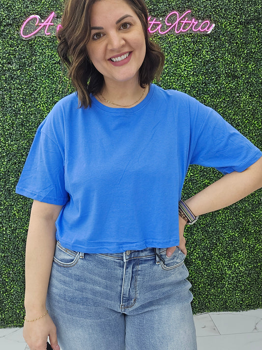 Crew Neck Oversized Crop Tee Blue