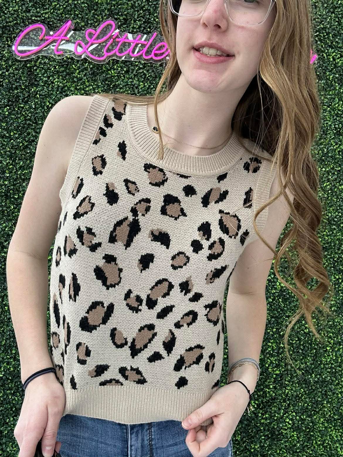 Sleeveless Round Neck Leopard Sweater