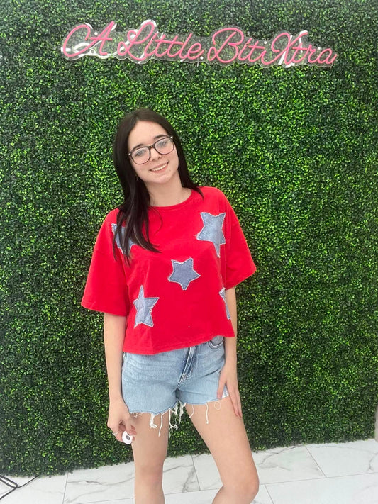 Red Cropped Denim Star Tee