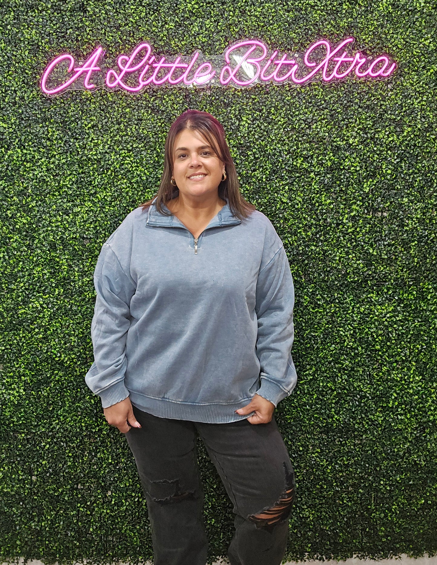 Blue Grey Acid Wash Half Zip Pullover