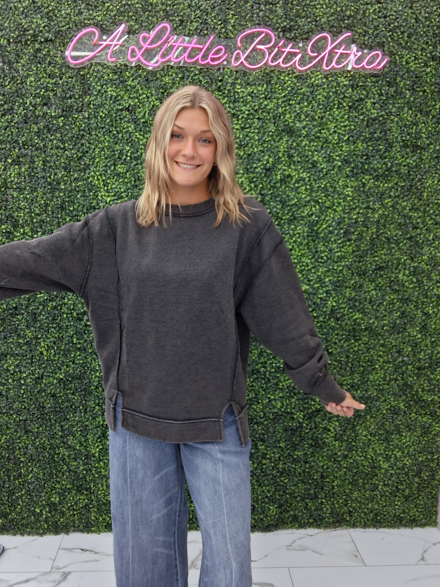 Acid Wash Exposed Seam Sweatshirt- Black