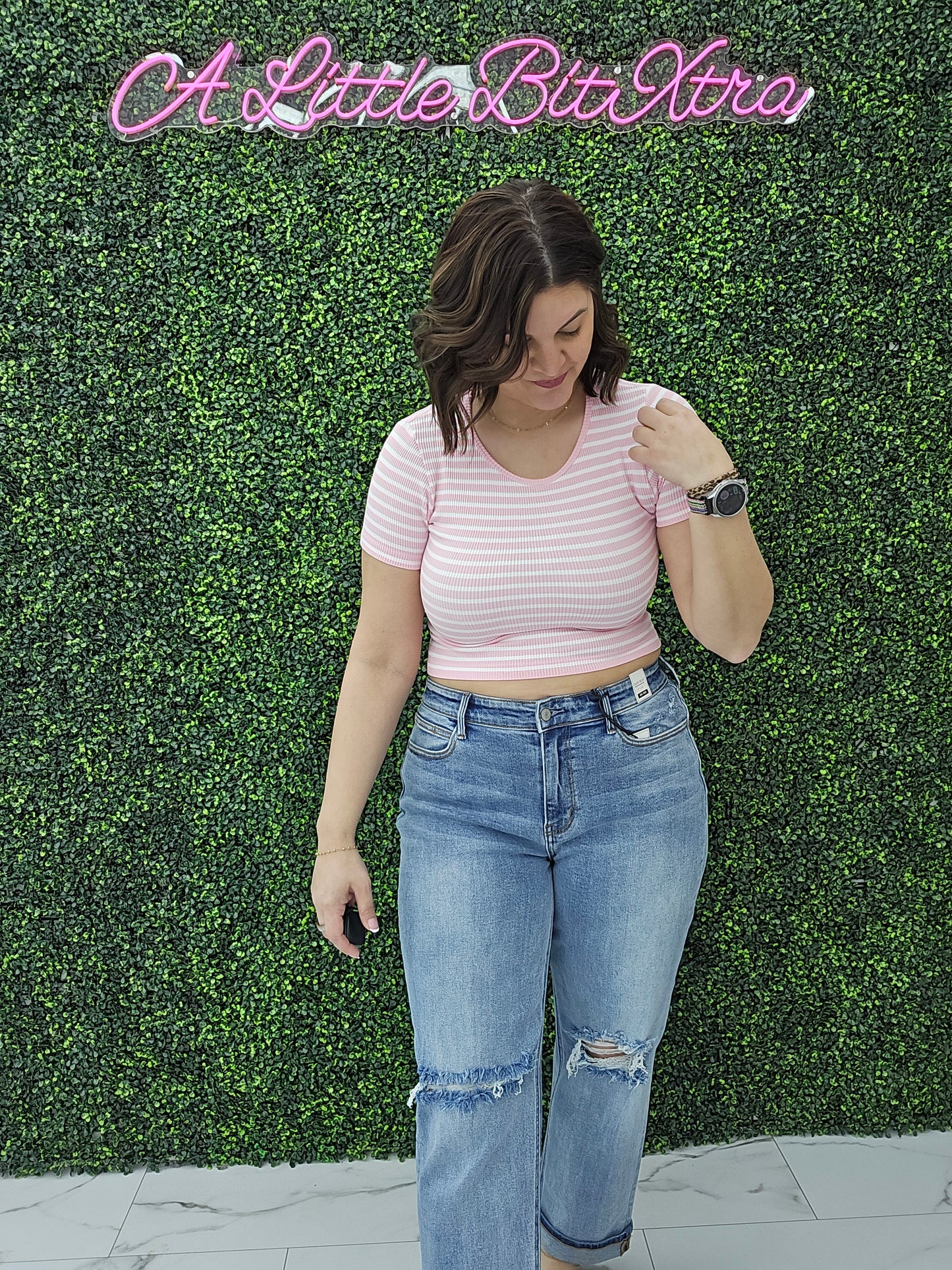 Crew Neck Stripe Seamless Rib Tee Blush