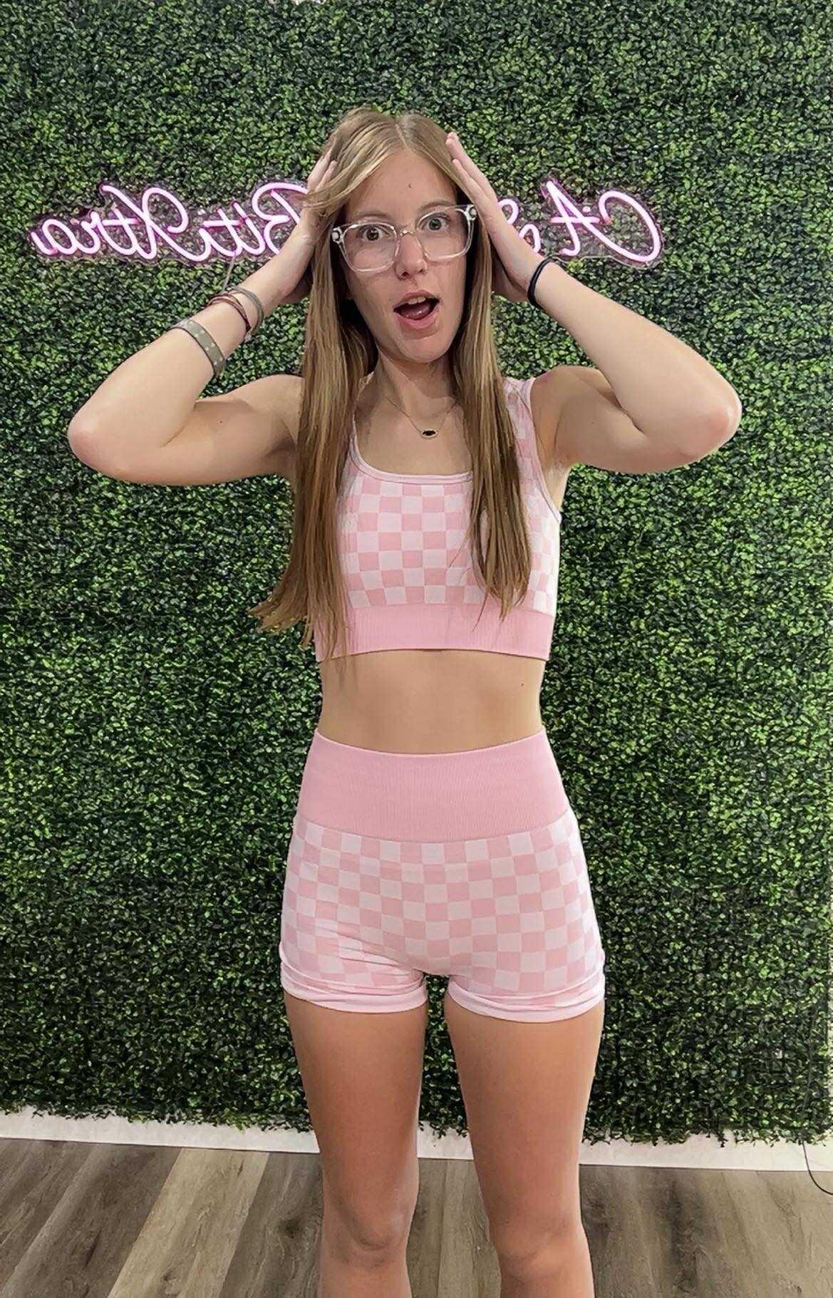 CHECKER BRA & BIKER SHORTS SET PINK & WHITE