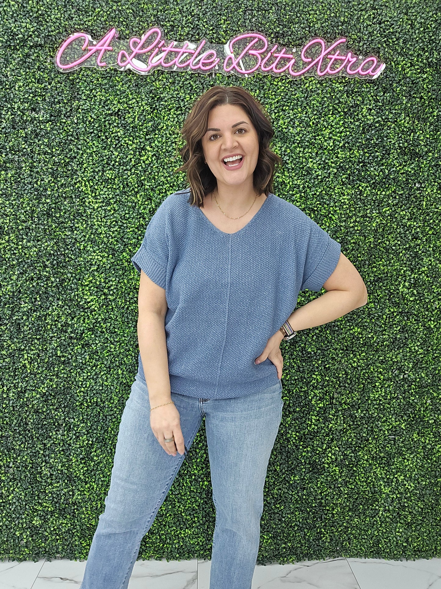 BOXY CHUNKY KNIT SHORT SLEEVE SWEATER DUSTY BLUE