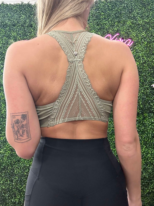 Bestselling Seamless Front Lace Racerback Bralette 🌿: Sage