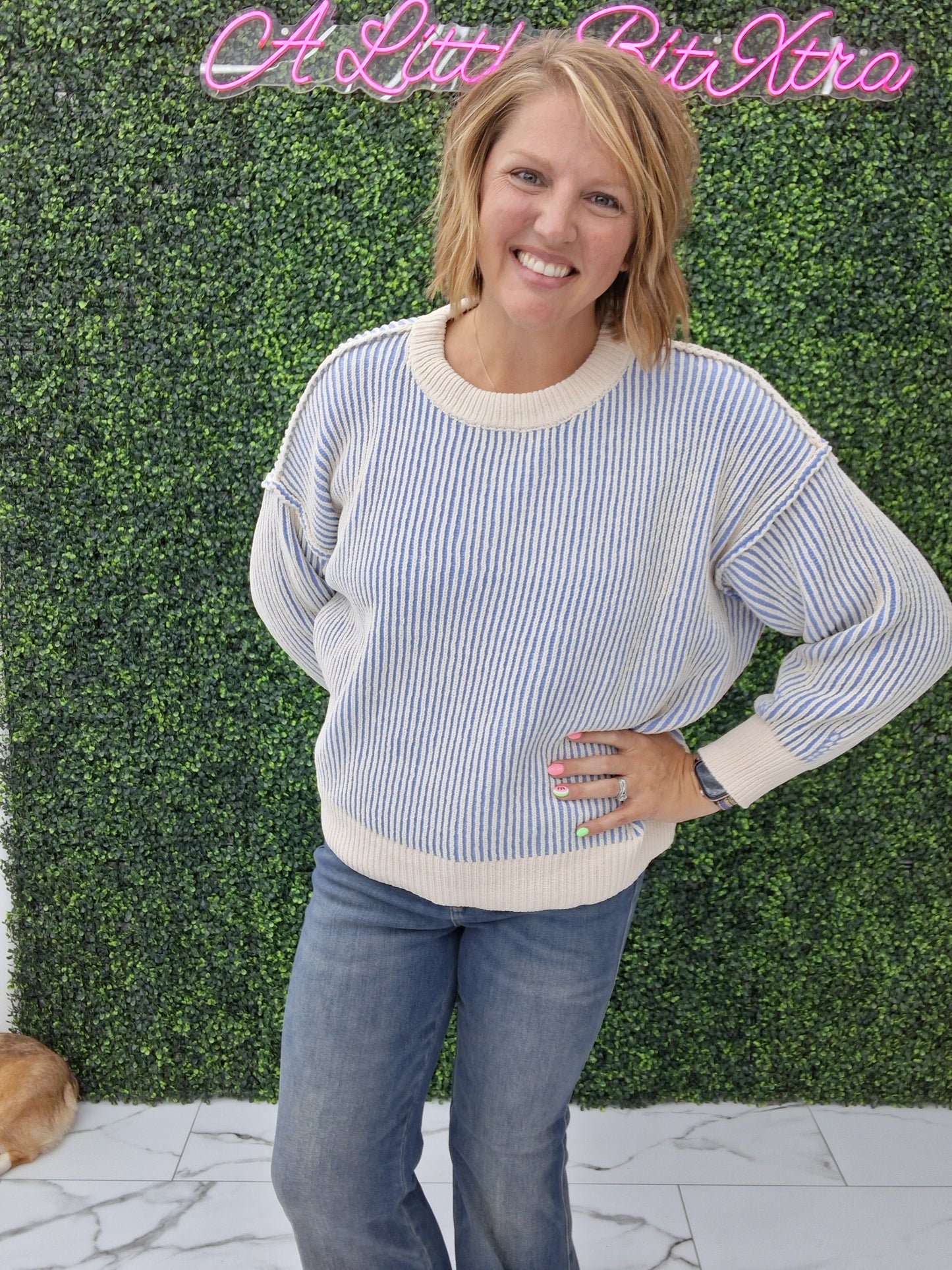 Two Tone Crewneck Sweater/ Cornflower Blue