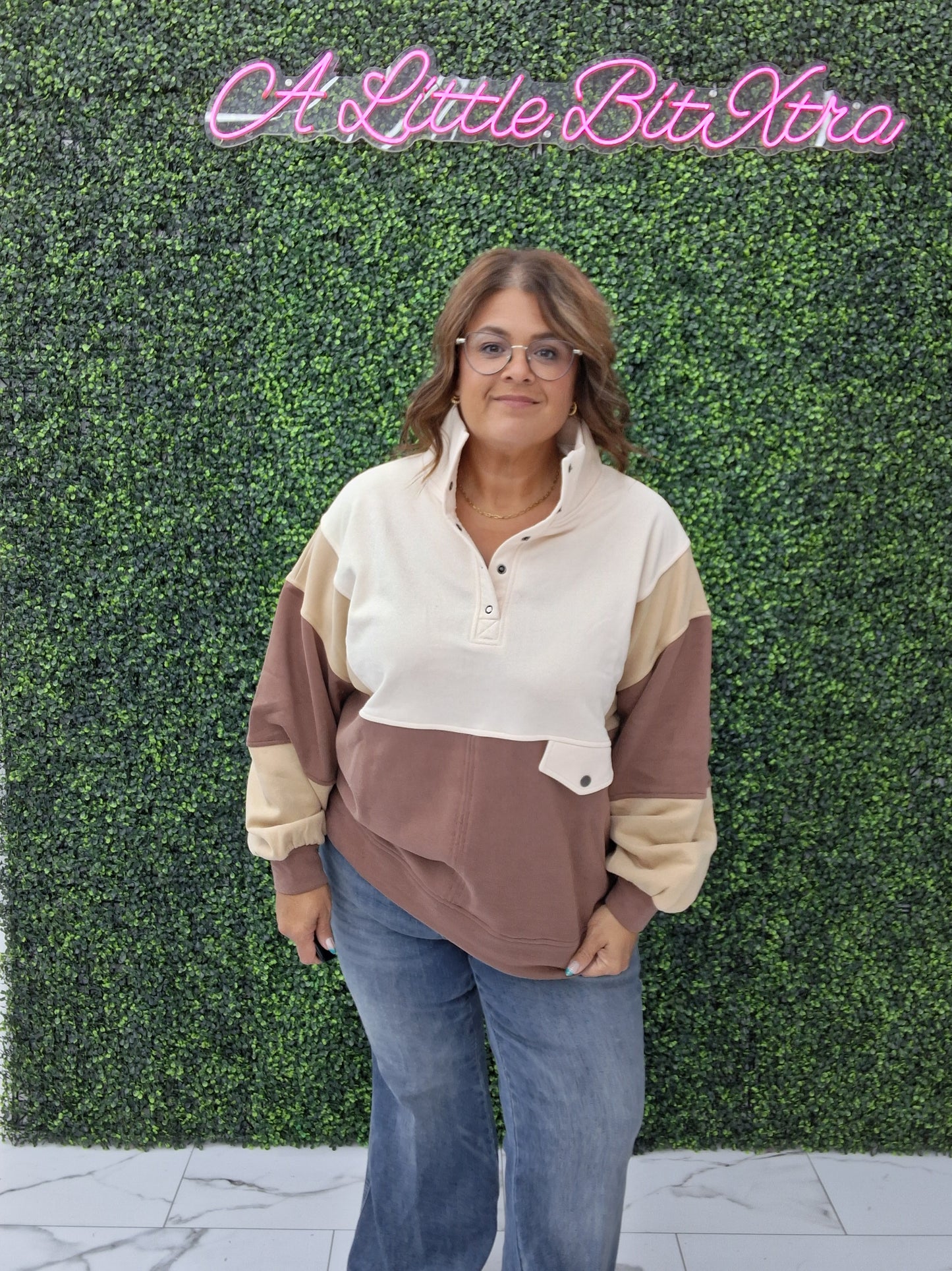 Brown Color Block Button Sweatshirt
