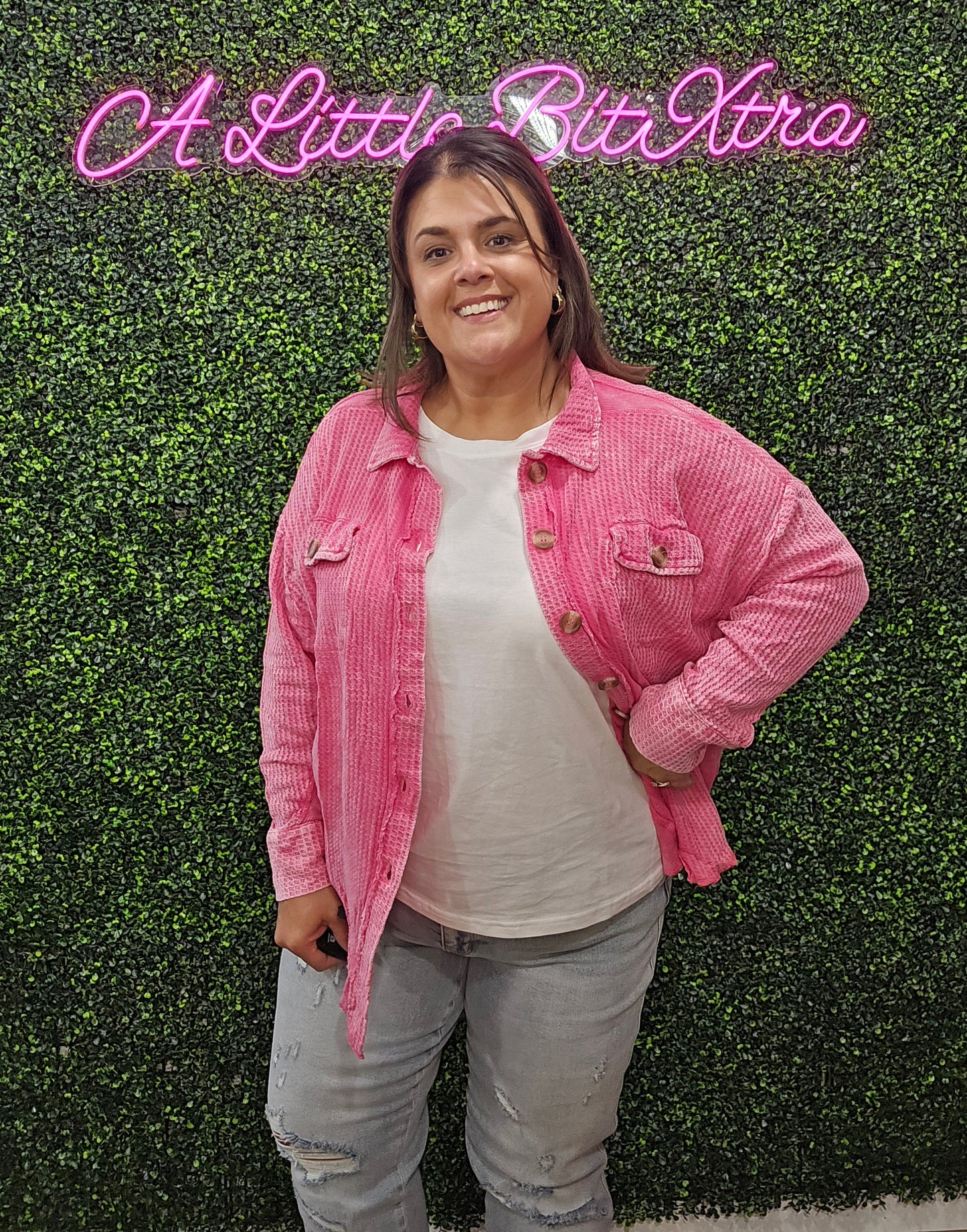 FUCHSIA ACID WASH WAFFLE SHACKET