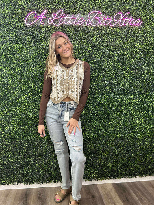 Khaki Vintage Hollow-Out Crochet Floral Vest