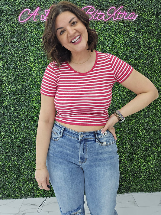 Crew Neck Stripe Seamless Rib Tee Magenta