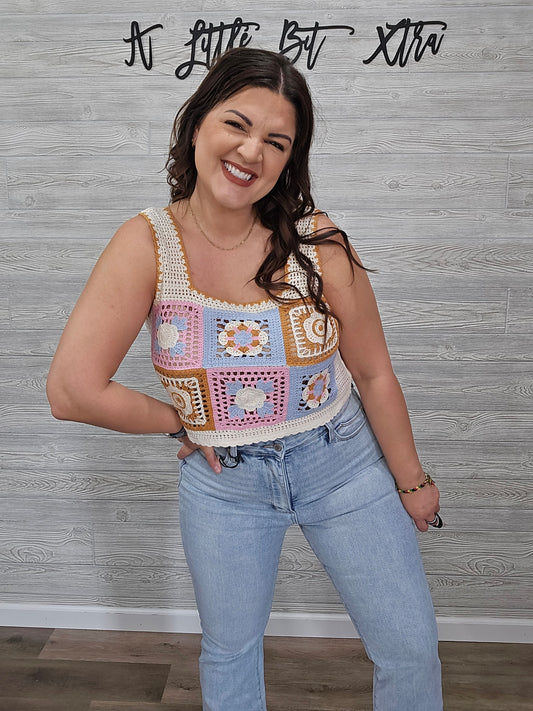 Summer Floral Mosaic Embroidered Crochet Top: Pink Combo