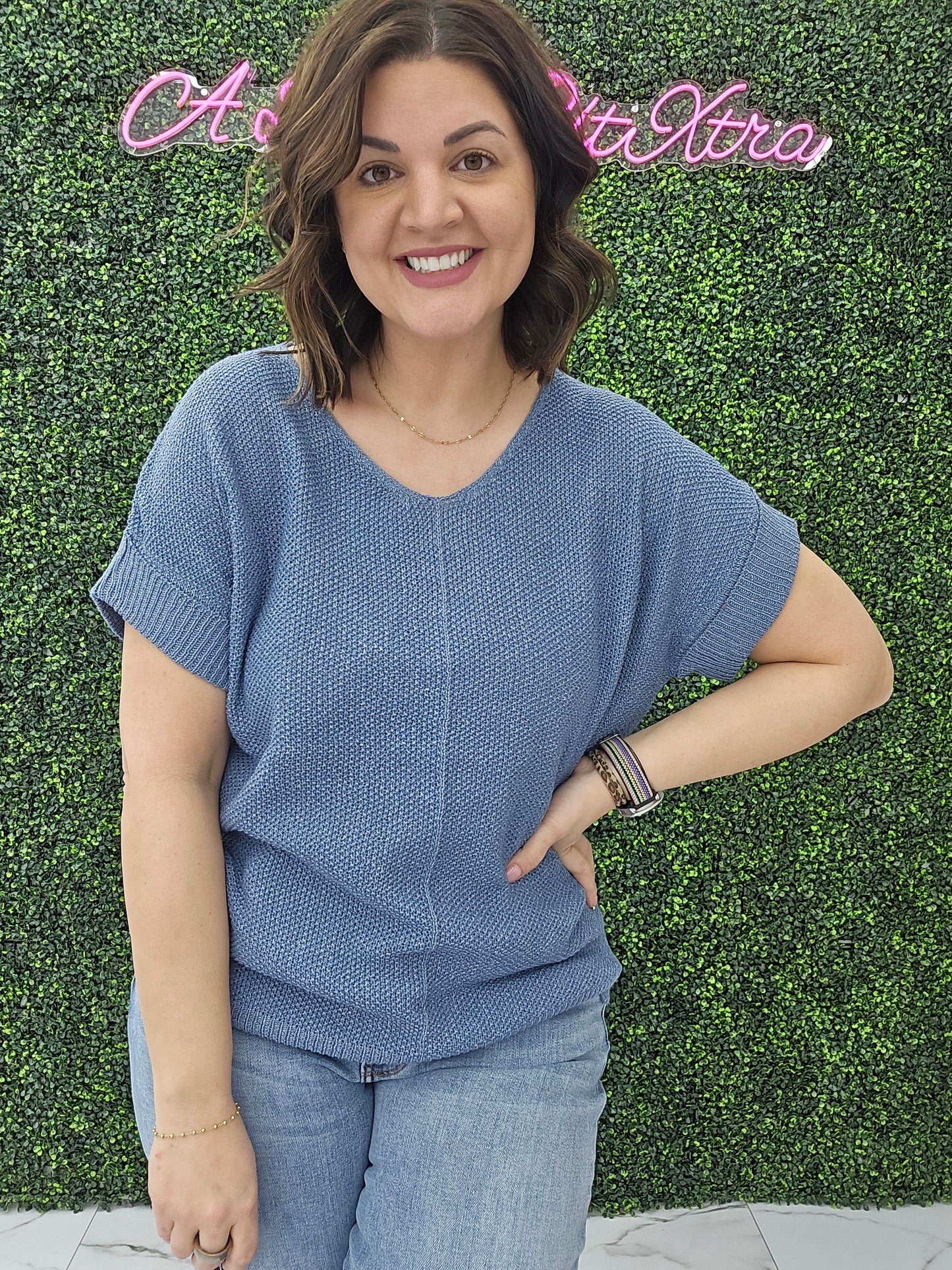 BOXY CHUNKY KNIT SHORT SLEEVE SWEATER DUSTY BLUE