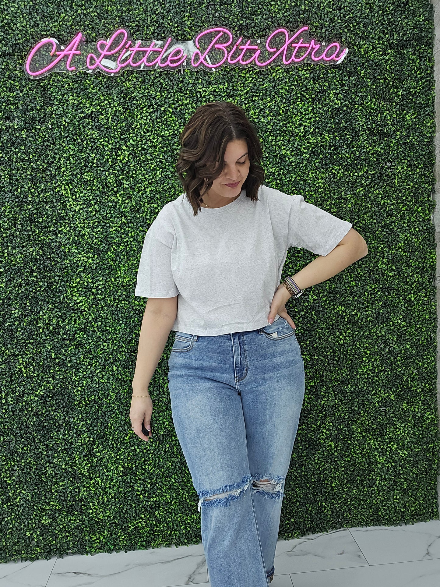Crew Neck Oversized Crop Tee Grey Marl