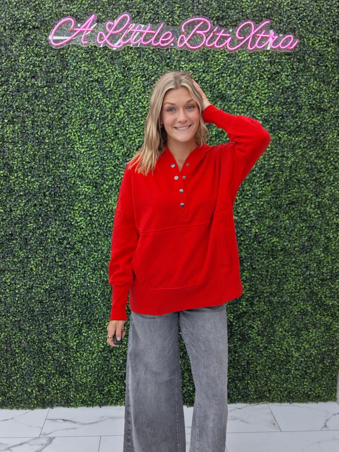 Fleece Half Snap Button Hoodie- Ruby