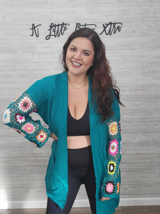 TEAL CROCHET SLEEVE CARDIGAN