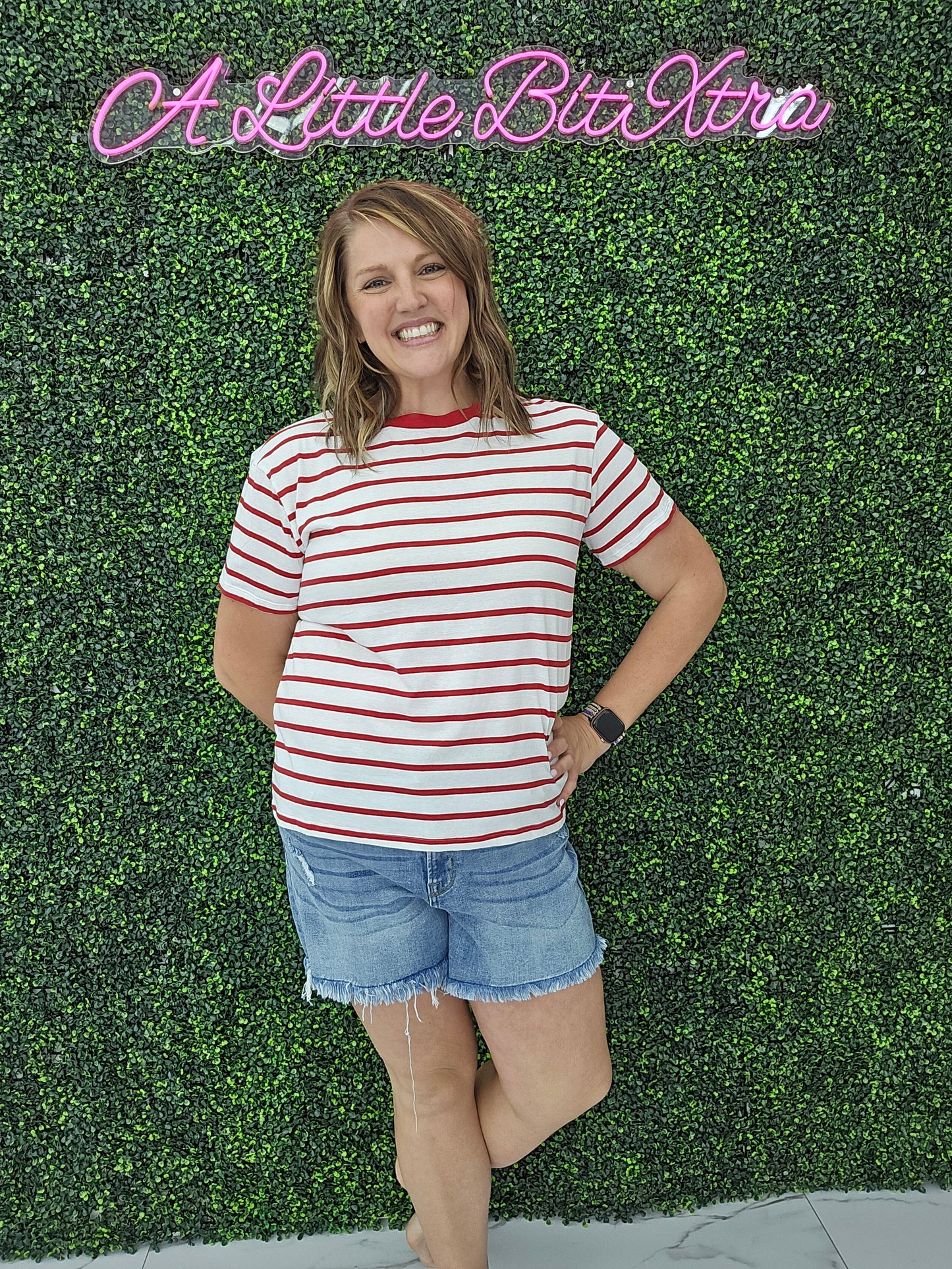 Short Sleeve Stripe Oversized Tee Red