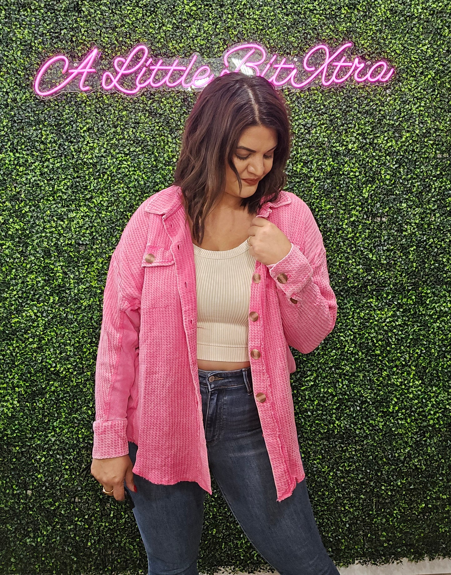 FUCHSIA ACID WASH WAFFLE SHACKET