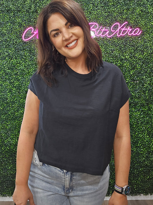 Black Round Neck Folded Short Sleeve Tee