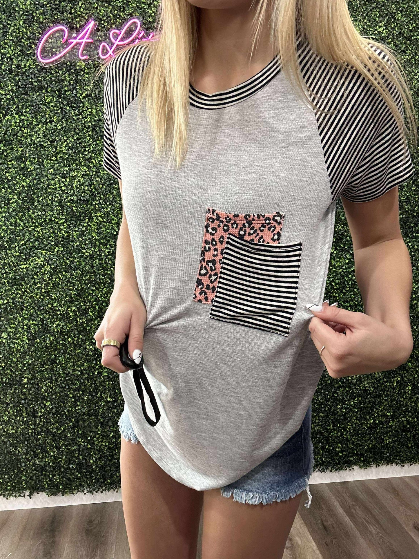 HEATHER GREY PINSTRIPE RAGLAN TEE