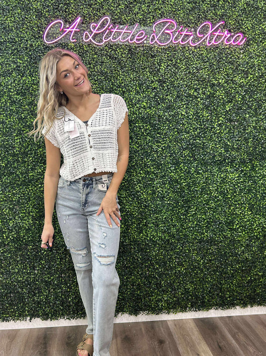 White Crosa Crochet Hollow-Out Short-Sleeve Cardigan