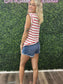 RED ROUND NECK STRIPED RAGLAN SLEEVE T-SHIRT
