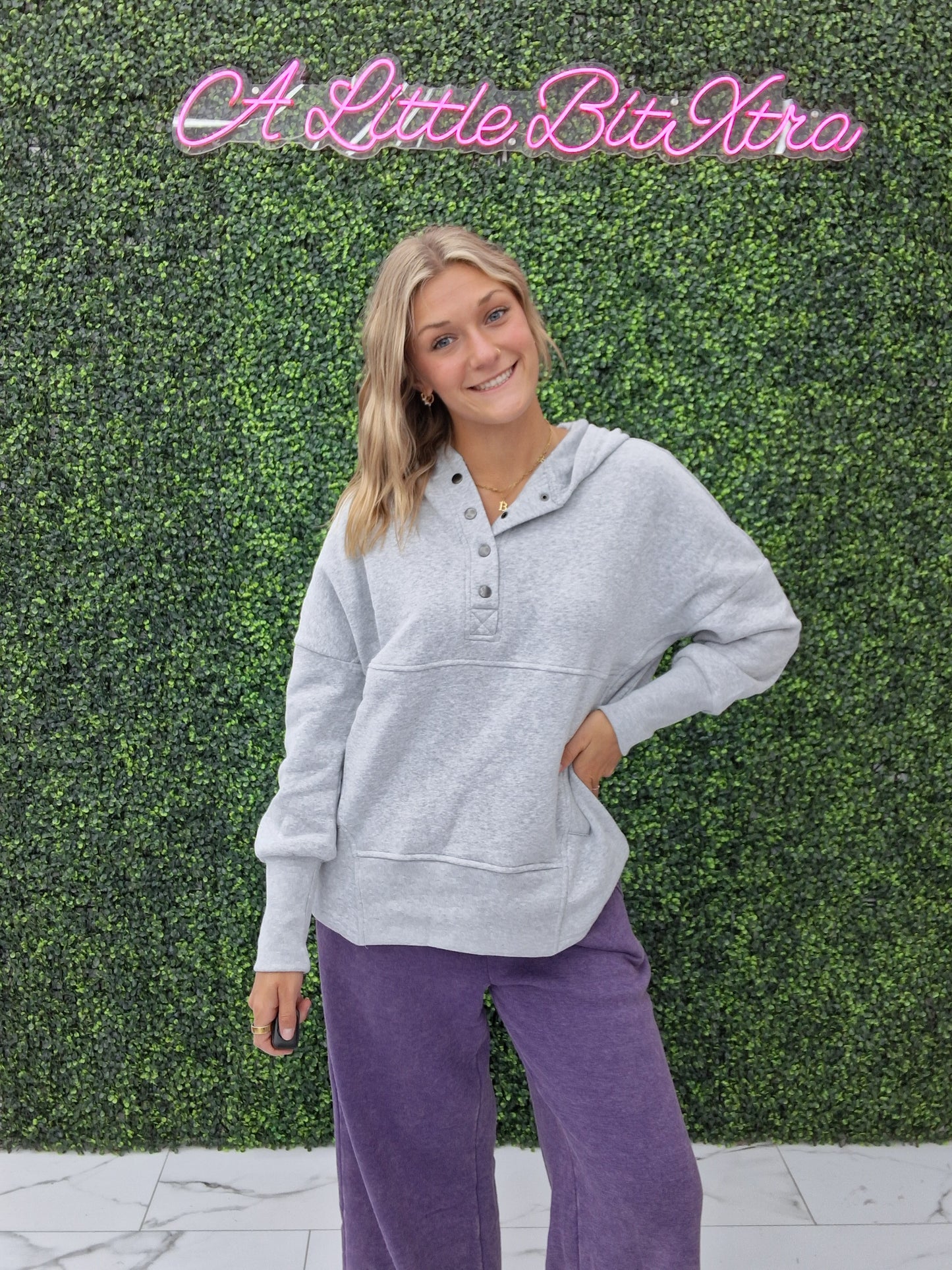 Fleece Half Snap Button Hoodie- Heather Grey
