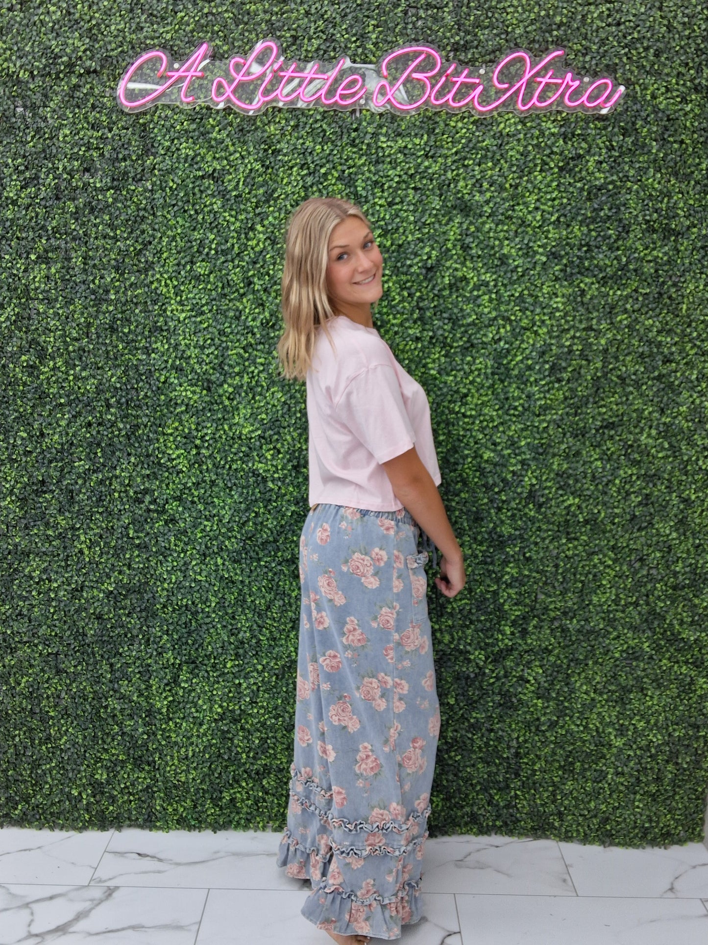 Floral Denim With Ruffles Wide Leg Pants