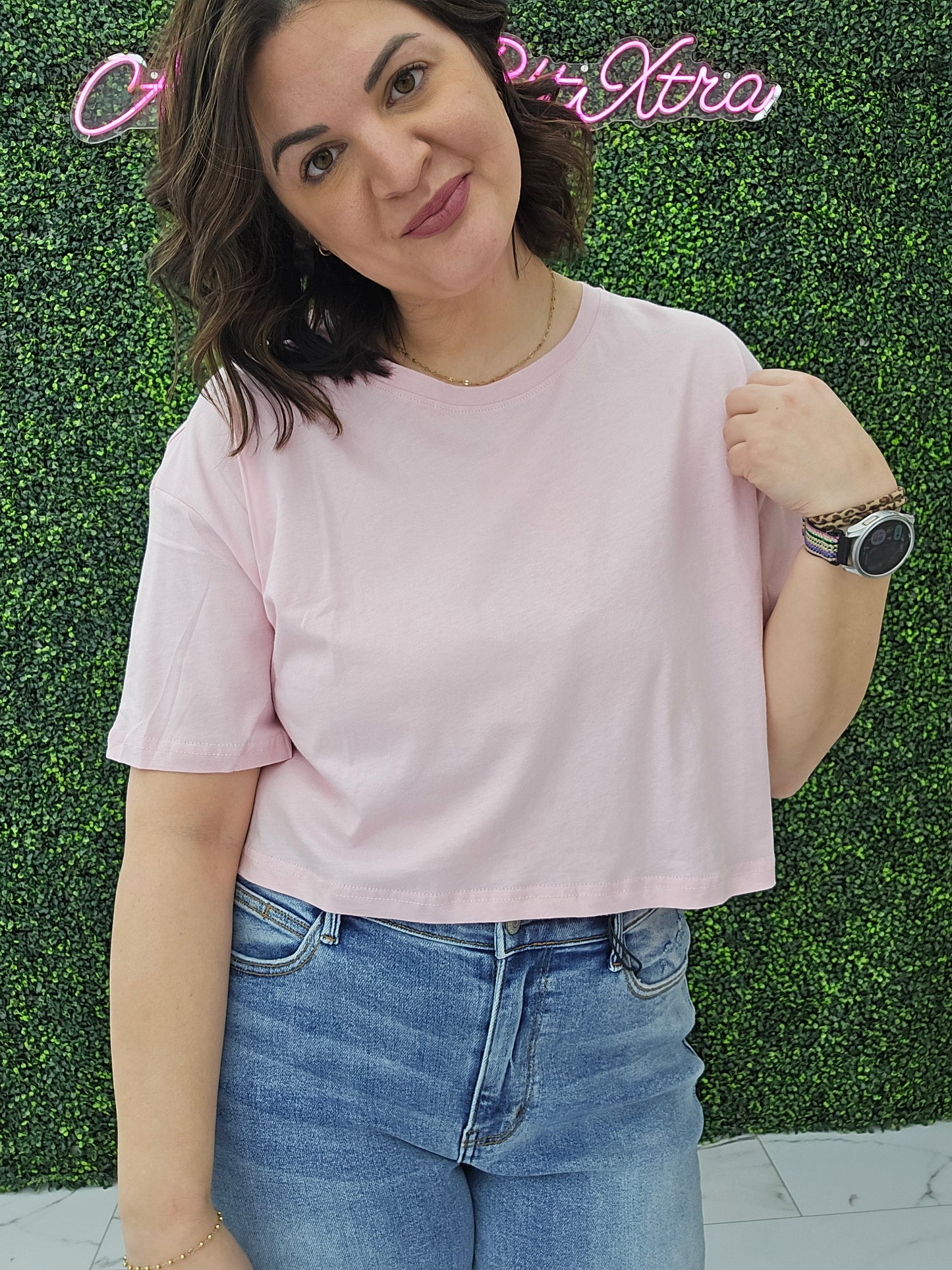 Crew Neck Oversized Crop Tee Pink