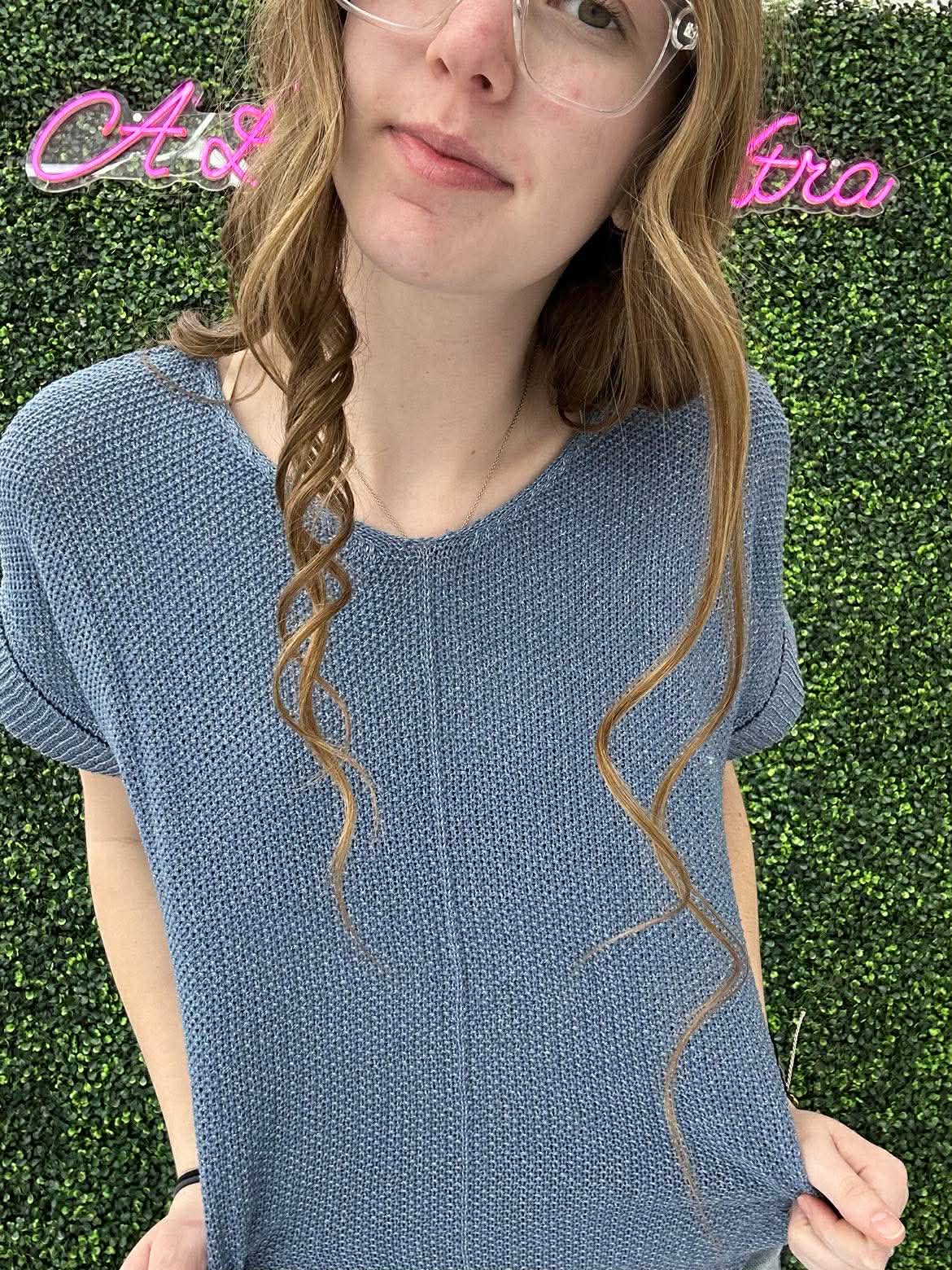 BOXY CHUNKY KNIT SHORT SLEEVE SWEATER DUSTY BLUE