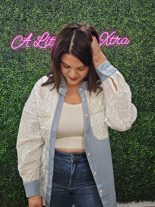 BLUE PATCHWORK SHACKET