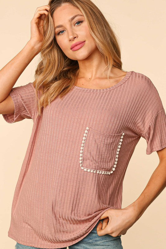 DUSTY ROSE TOP WITH LACE EDGE POCKET
