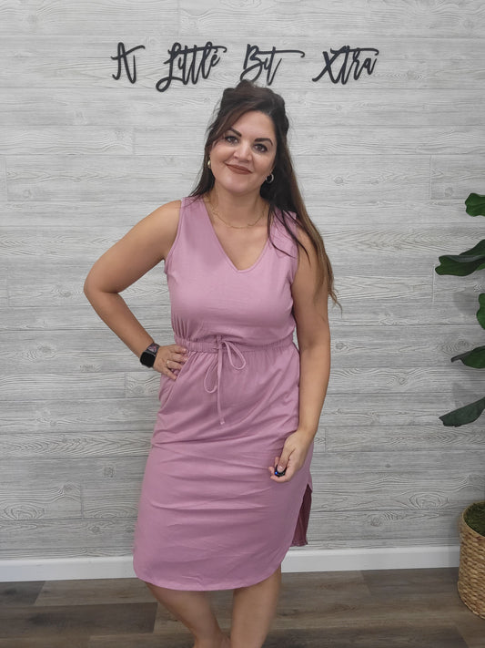 MAUVE DRAWSTRING WAIST CURVED HEM DRESS WITH POCKETS