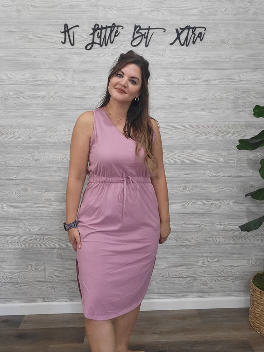 MAUVE DRAWSTRING WAIST CURVED HEM DRESS WITH POCKETS