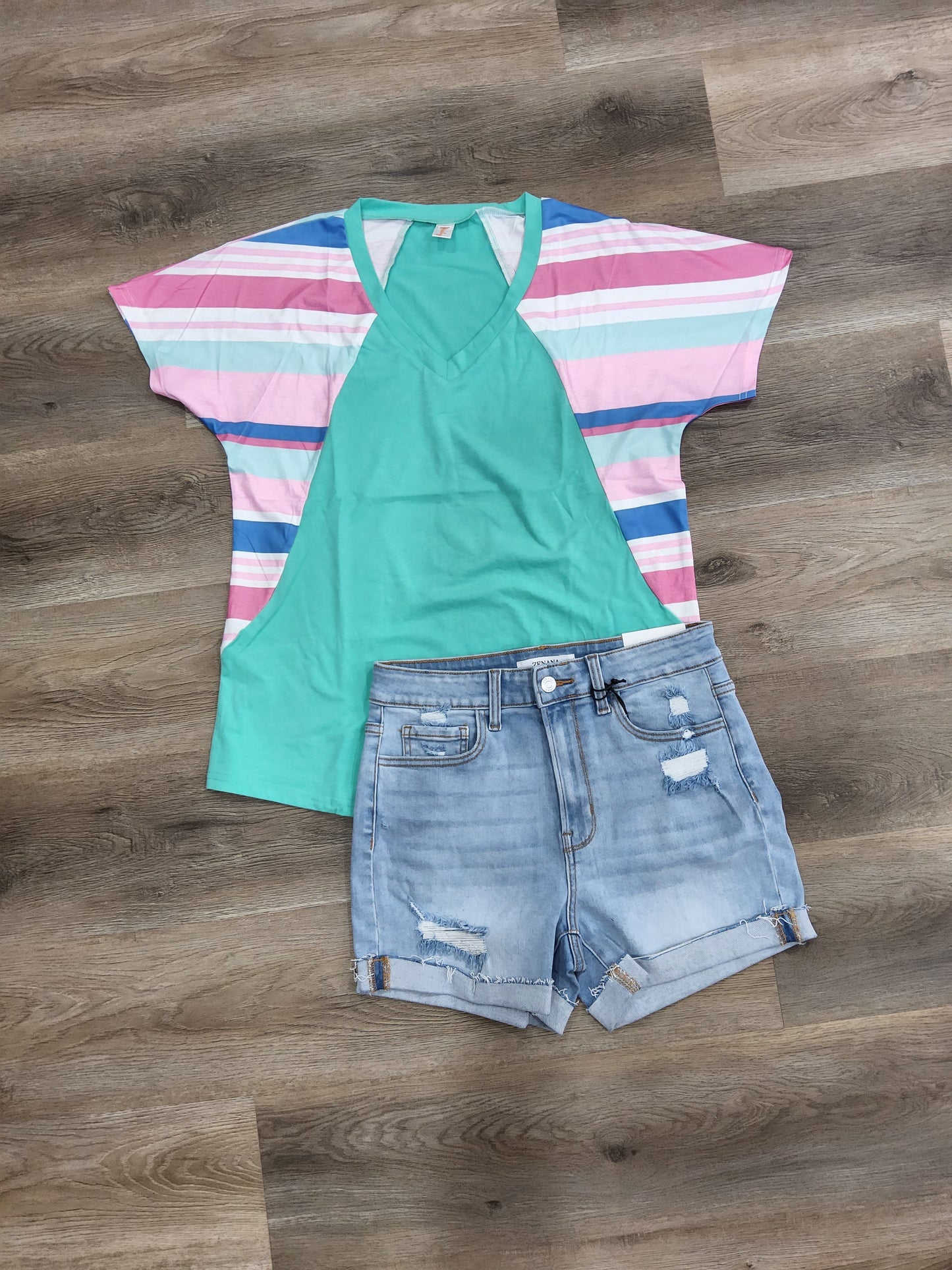 STRIPED SLEEVE TEAL TOP