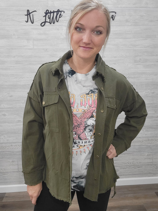 OLIVE GREEN DISTRESSED EDGE JACKET