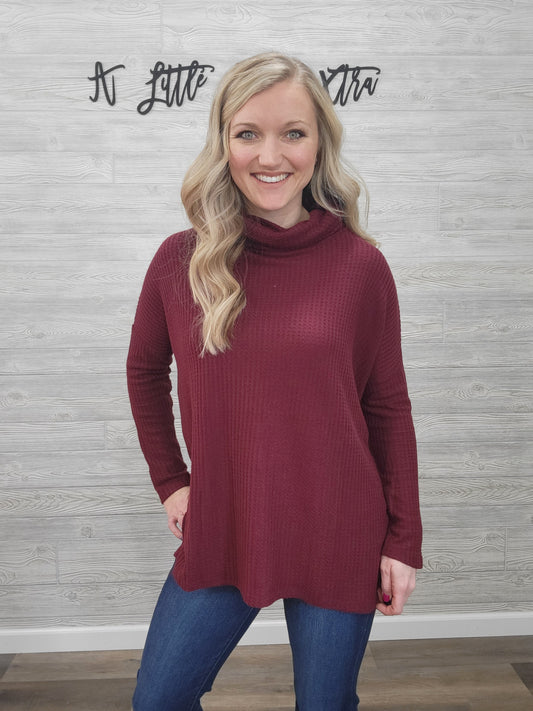 DARK BURGANDY THERMAL WAFFLE COWL NECK SWEATER