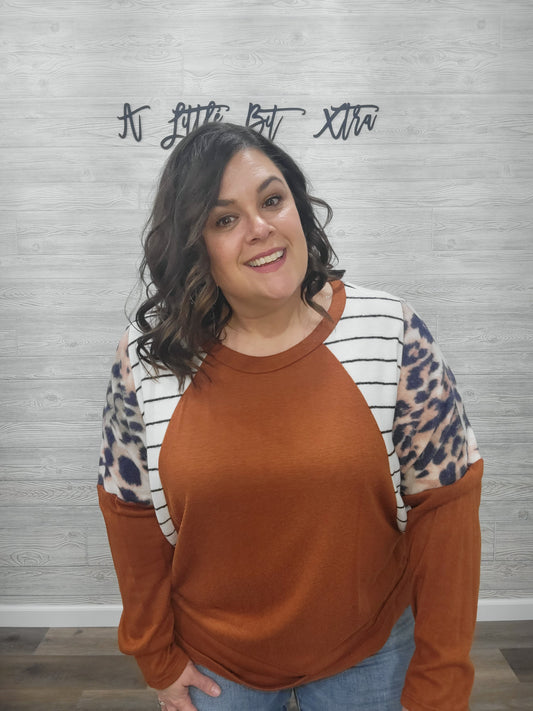 LEOPARD AND STRIPE LONG SLEEVE TOP