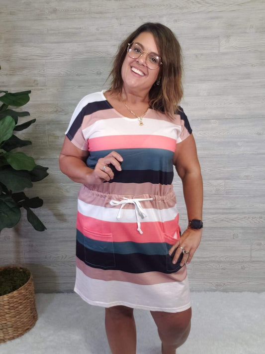TEAL STRIPED DRAWSTRING DRESS